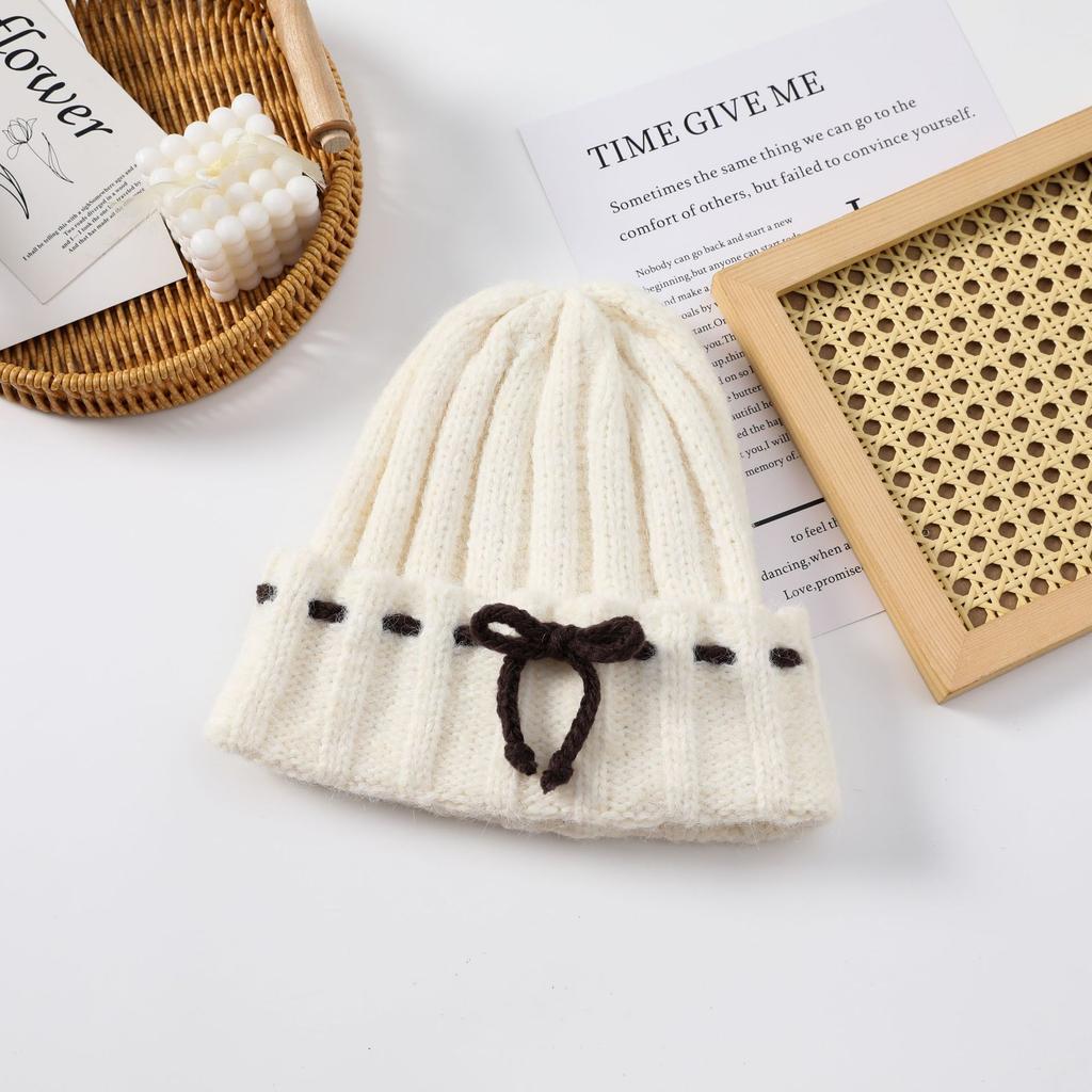 Winter 2025 Bow White Knitted Wool Cap Women's Plush Warm Big Head Circumference Baotou Hat Ear Protector Hat
