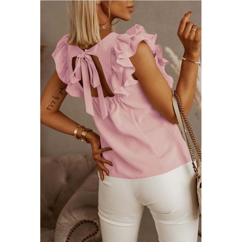 

2026 European and American Summer Ladies New Loose Round Neck Solid Color Ruffled Short Sleeve Shirt 3XL рожевий