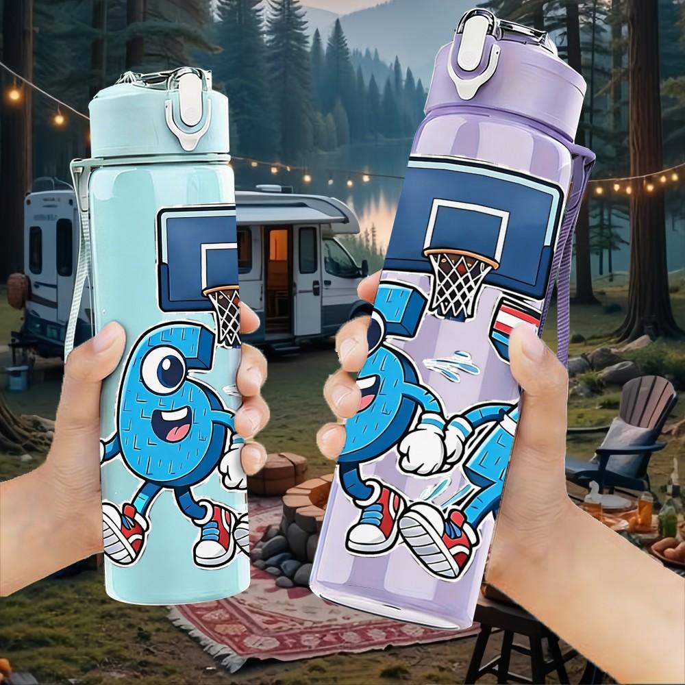 1PC 67 Basketball Player Cartoon Print 750ml Color Plastic Sports Water Bottle Leakproof Flip Straw Lid Suitable for Sports Office Home Use