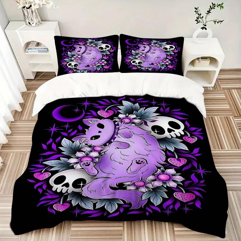 3pcs Pastel Cat and Skulls Printed Quilt Set - Soft and Comfortable Quilt Cover for Bedroom, Guest Room and Dormitory Decorative Bedding Set