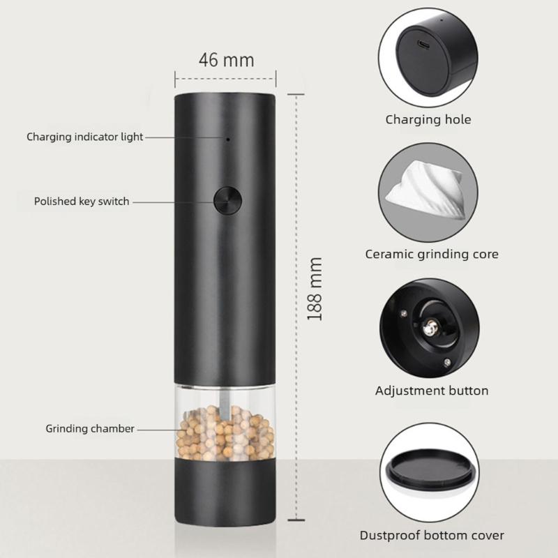 Button Touch Electric Spices Grinder for Salt & Pepper, Clear Chamber Rechargeable Pepper Mill for Desktop Seasoning and Kitchen Preps