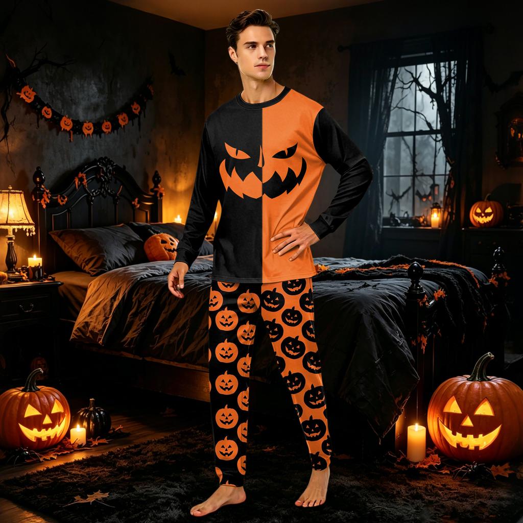 Family Matching Halloween Pajama Set with Round Neck Long Sleeve and Long Pants for Parent and Child