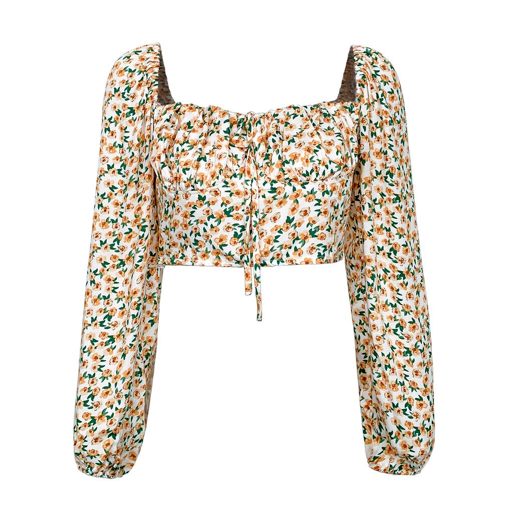 European and American women's floral shirt women's summer retro square collar top one-word collar shirt one-word shoulder top women
