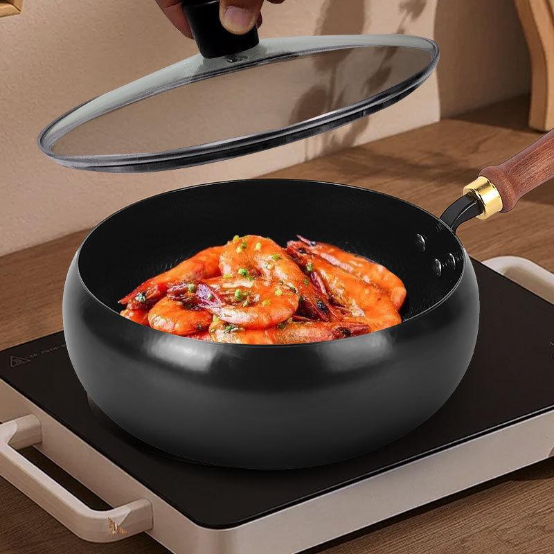 Antihaft Wok Bratpfanne Holzgriff Induktionsherd Kochen Ohne Beschichtung Gas Chinesischer Wok Flacher Boden für Küche Camping