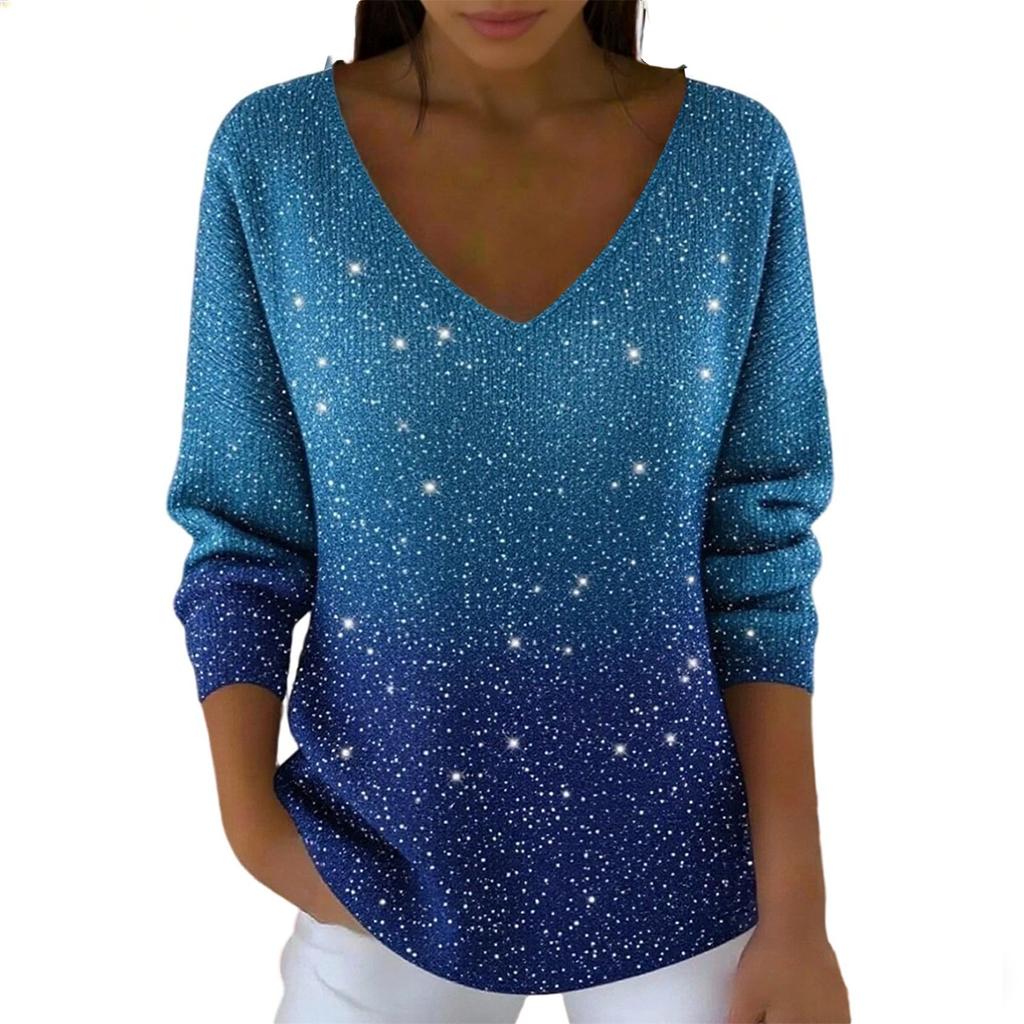 Maglione da donna casual quotidiano a maniche lunghe con scollo a V in finta lana, maglione a trecce con paillettes