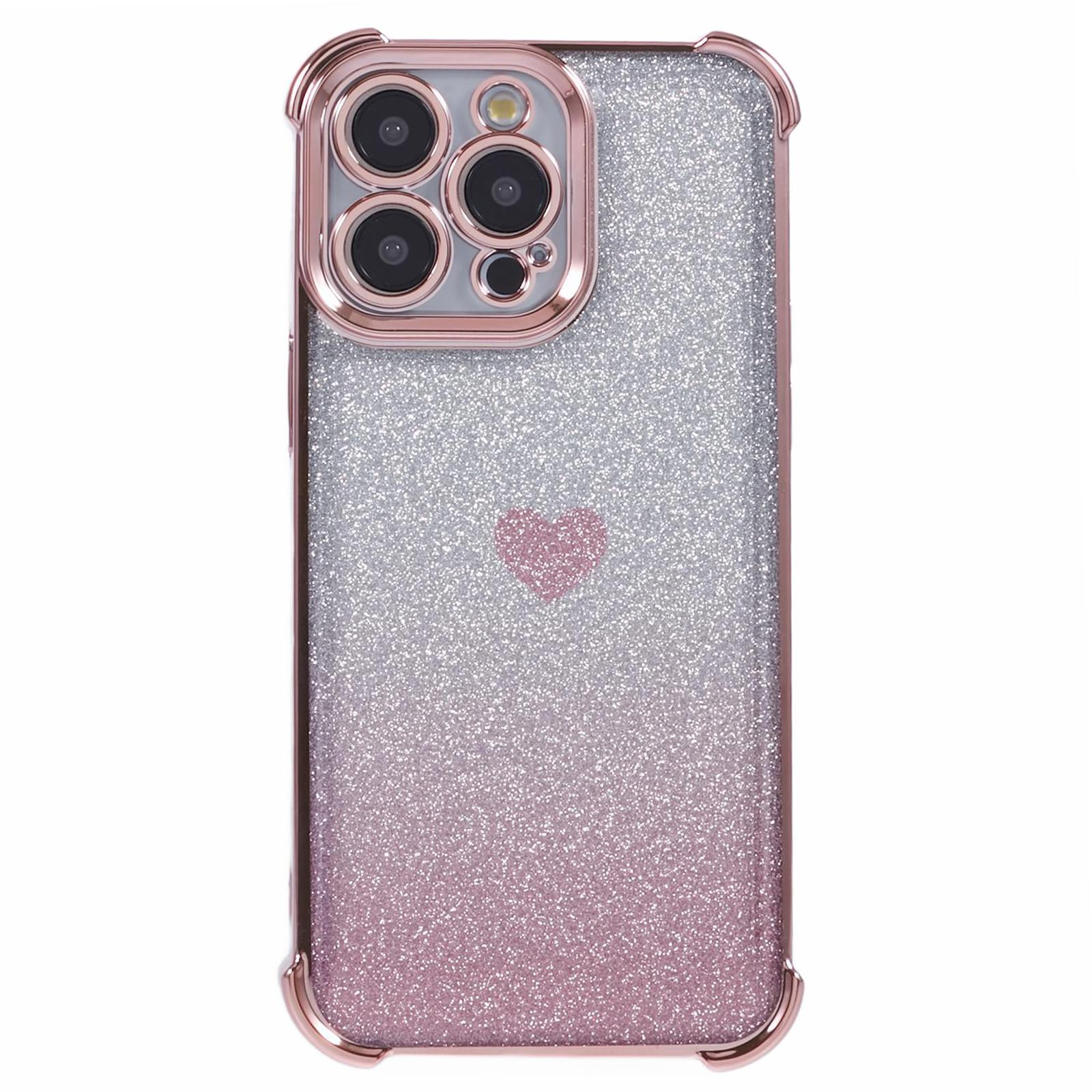 

For iPhone 12 Pro Max Slim-Fit Mobile Phone Case Heart Pattern TPU Shell Glittery Powder Phone Cover Pink