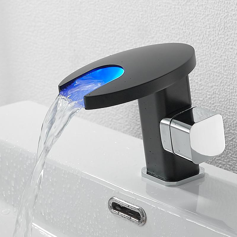 BAKALA Messing-Wasserfall-LED-Waschtischarmatur für Badezimmer, Kalt-/Warmmischarmatur, Kran-Waschtischarmatur, schwarzer Farbwechsel, angetrieben durch Wasserfluss