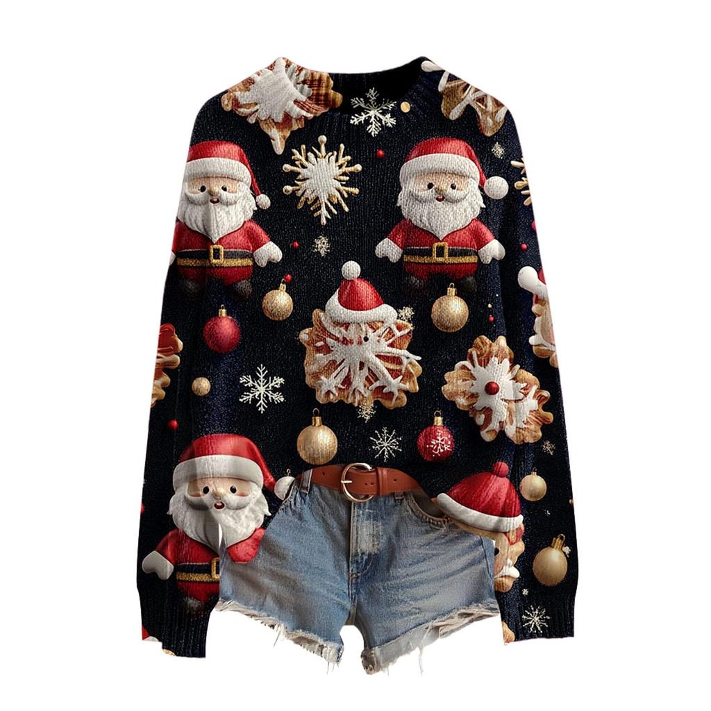Pulover de Crăciun amuzant pentru femei cu gât rotund, pulover de Crăciun, ținută de Crăciun, pulover urât, costum de Crăciun