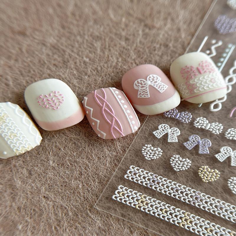 Embossed Knitting Bow Nail Stickers Love Heart Bow Self Adhesive Nail Art Decorations Decals Accessory