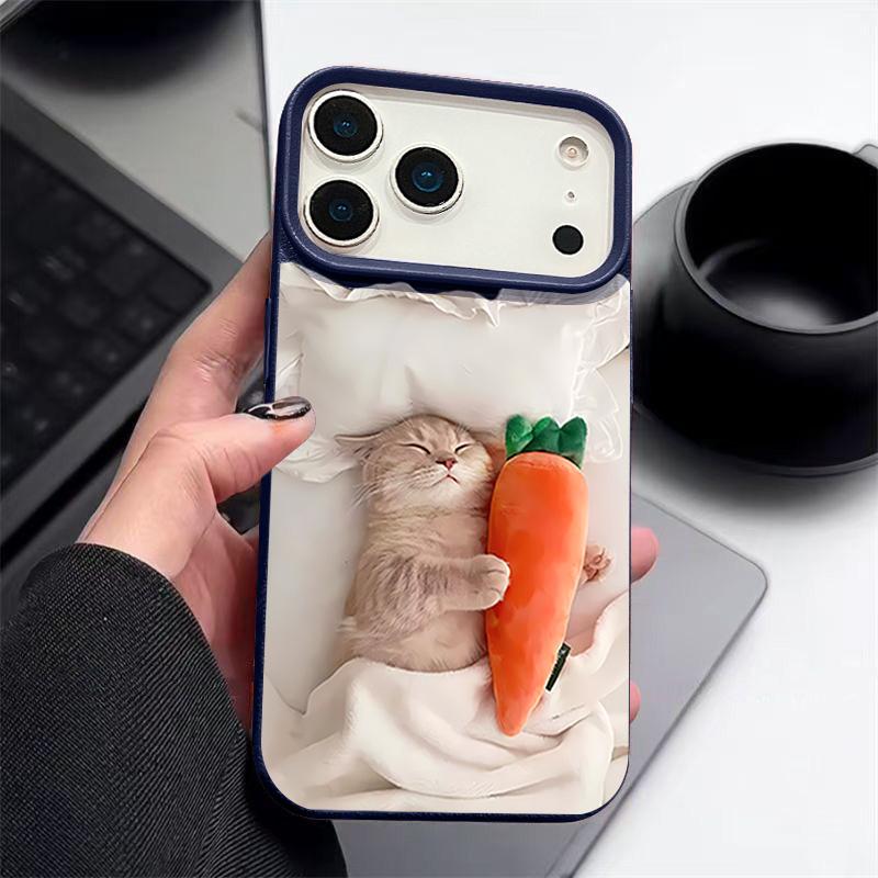Sleeping Cat Carrot Pattern Case For iPhone 17 Pro Max Funda iPhone 16 Pro Max 15 14 13 12 11 Air 16E Leather Texture Silicone Cover