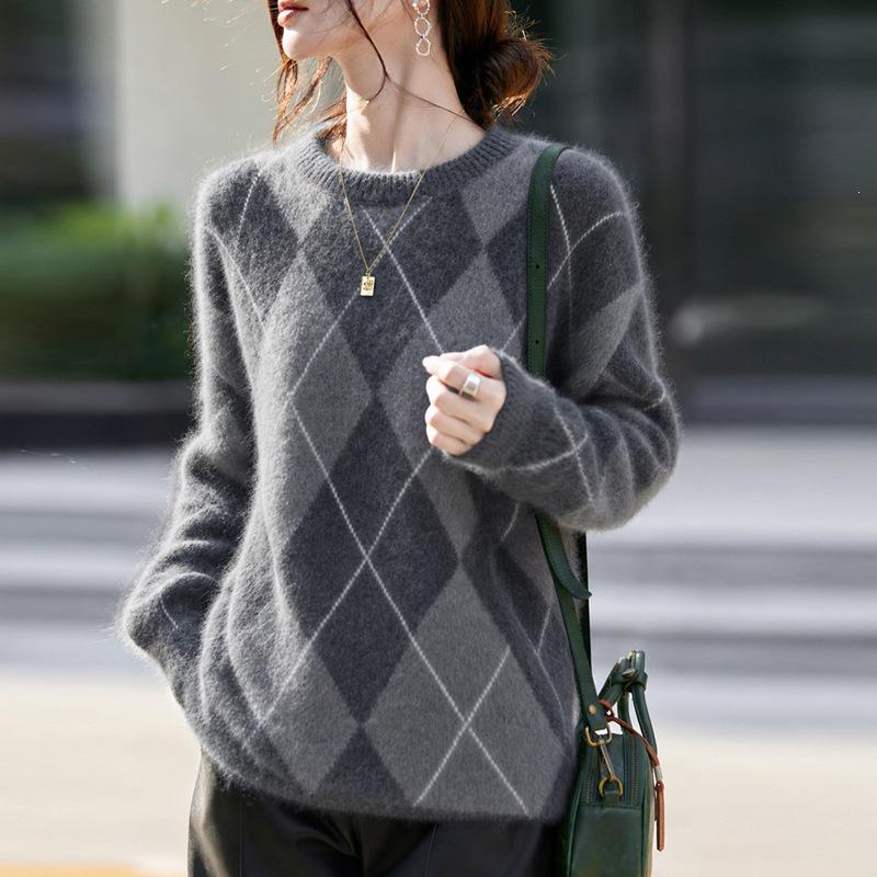 Maglione da donna di alta gamma in lana cashmere con patchwork a rombi - Girocollo, Manica lunga, Autunno/Inverno
