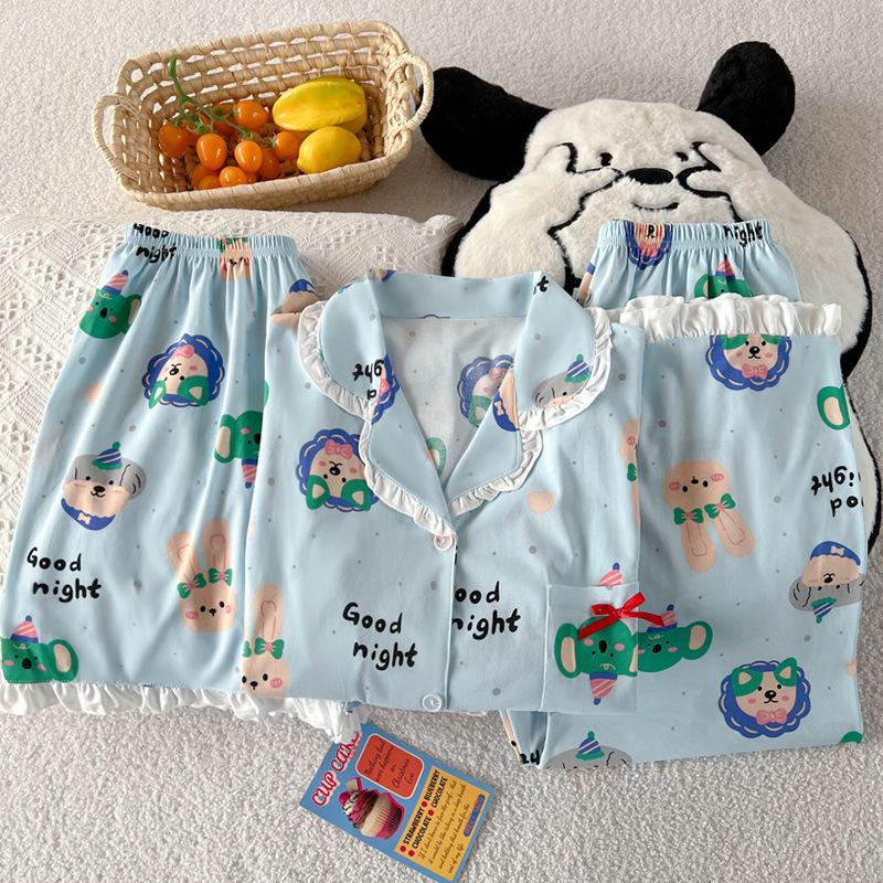 Dámské letní nové pyžamo z imitace bavlny, třídílný set s krátkým rukávem, tenký volný domácí oděv s roztomilým zvířátkem