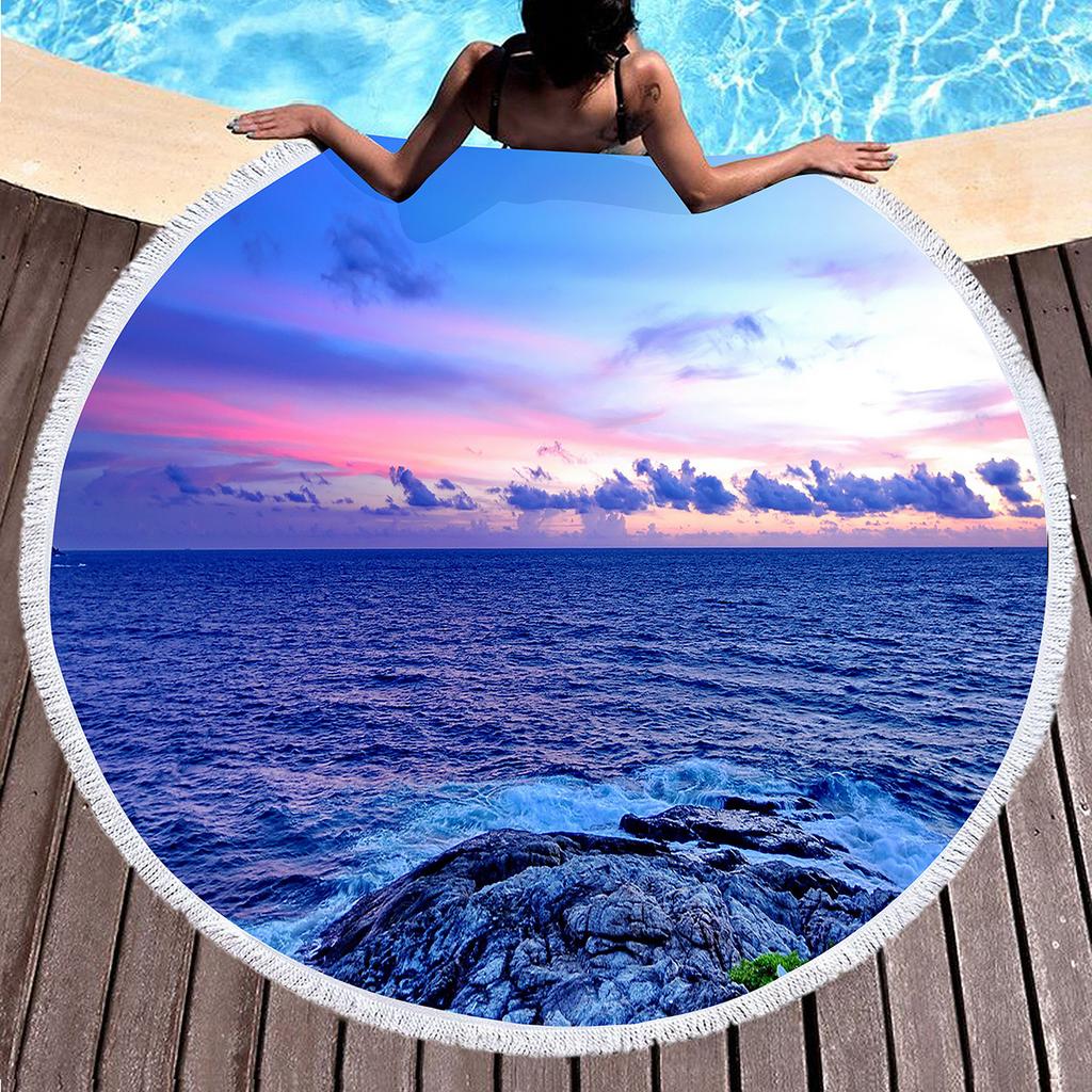 Natural Scenery Sea Rock Round Beach Towel, Ocean Theme Beach Blanket,Soft Absorbent Quick Dry Pool Towel Portable Picnic Mat