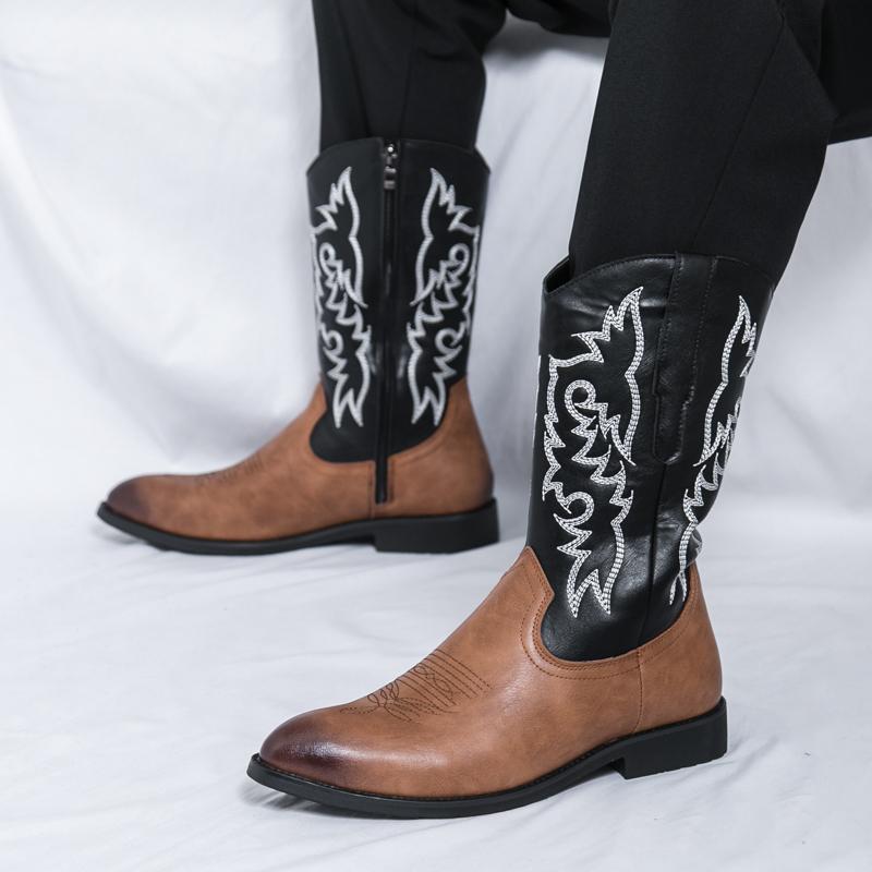 Fashion New Retro Fashion Men Boots Head Snake Skin Patent Leather Winter Shoes Embroidered Western Cowboy Boots Footwear Plus Size