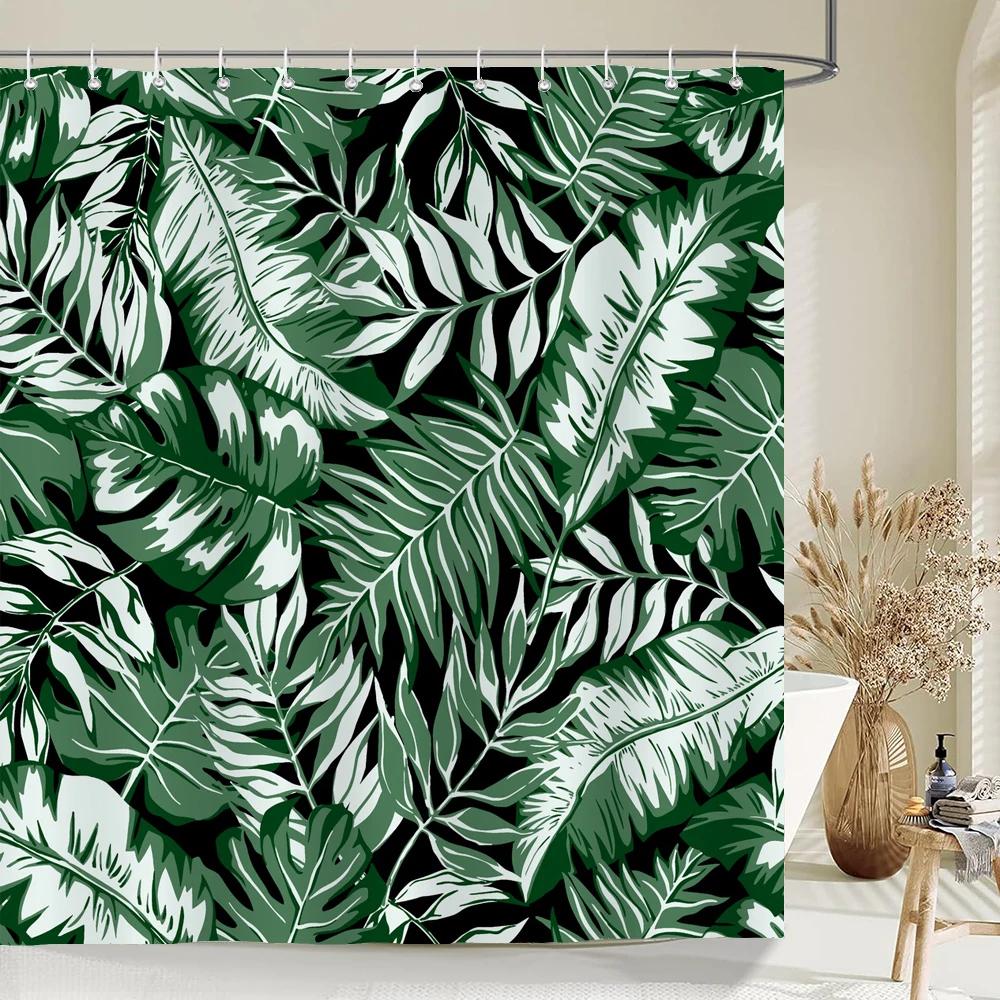 Green Plant Leaves Print Shower Curtains Watercolor Boho Floral Waterproof Morden Bathroom Bathtub Curtain Room Decor With Hooks