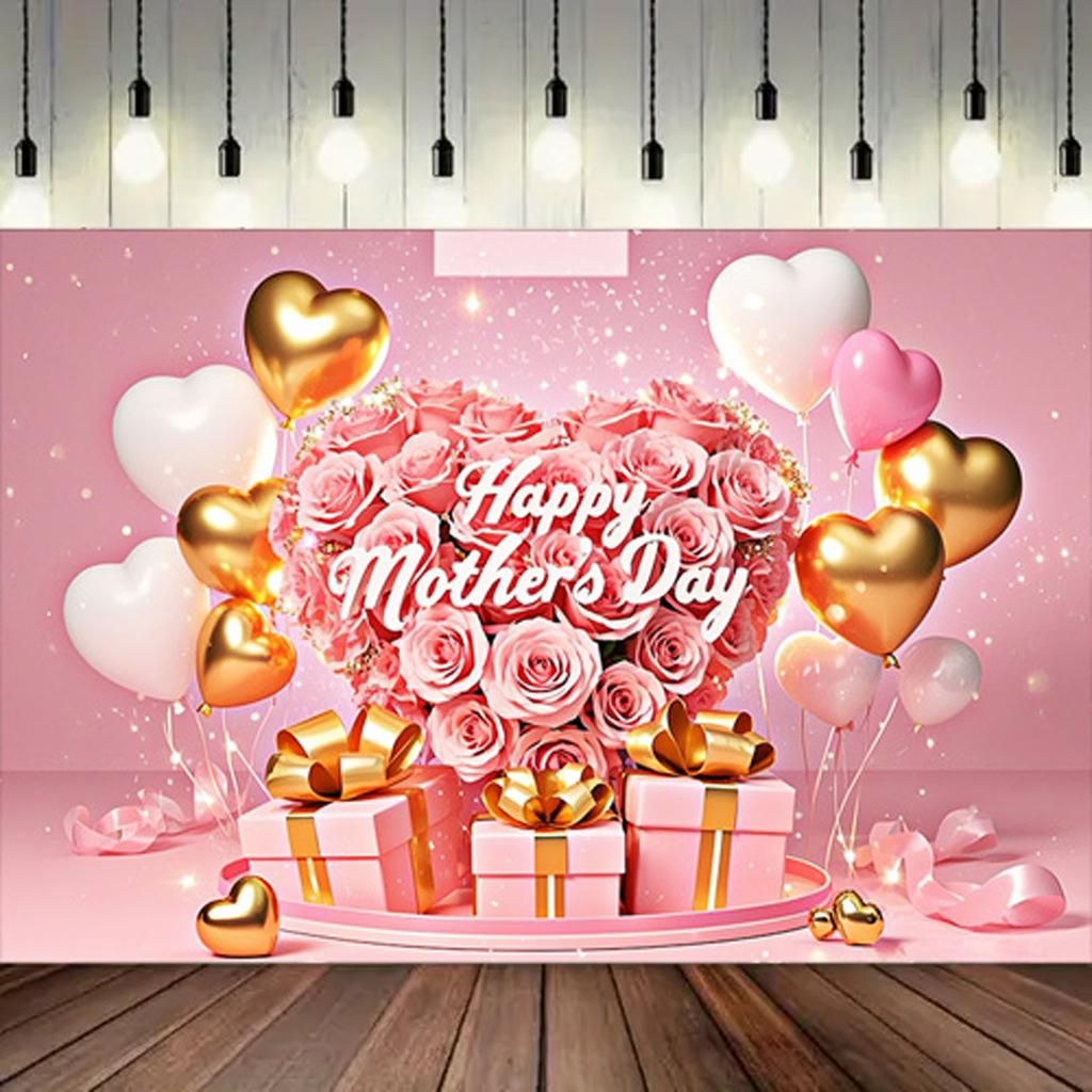 Mother's Day Floral Party Backdrop with Roses&Balloons&Gift Boxes Design,Wall Decor and Festive Celebrations,Mothers Day Decor