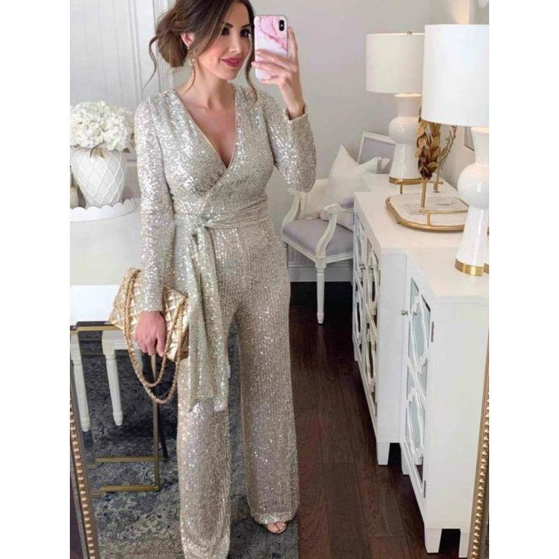 V-neck Long sleeve Shiny Crystal Sequin Waist Hugging Jumpsuit Formal Dress Women V-Neck Jumpsuit Pants Women
