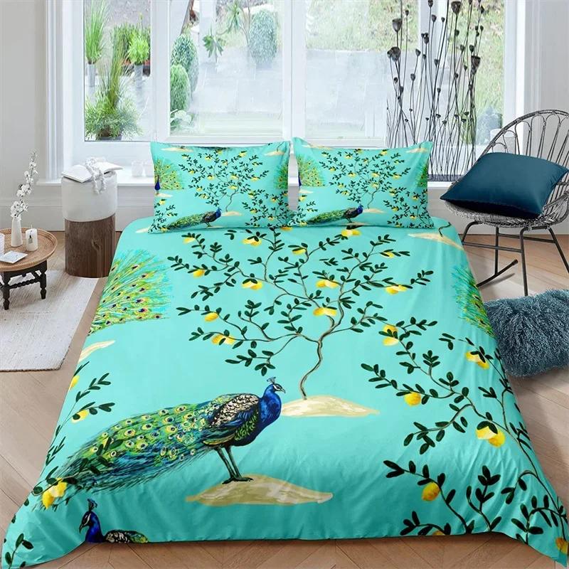 Peacock Duvet Cover Exotic Birds Animals Quilt Cover Polyester Feather Butterfly Flowers Bedding Set 2/3Pcs King For Girls Teens