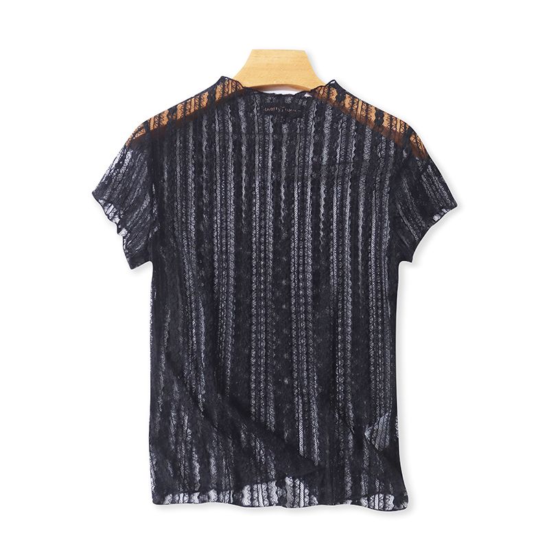 

Прозрачная футболка с коротким рукавом Летняя новинка Модная рубашка с кружевом и воротником-стойкой Женская базовая облегающая эластичная майка 18362 Black S