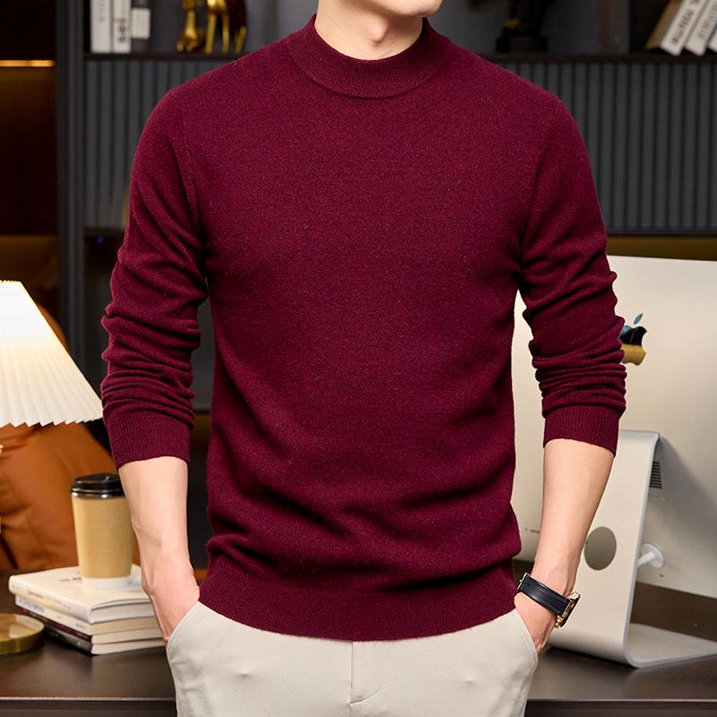 Men’s Autumn-Winter Pure Wool Machine Washable Sweater, Thickened, Half-High Collar, Warm Base Layer