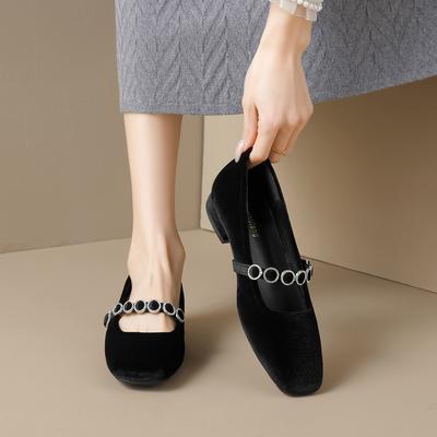 Weiwei Girl 507-98 Tempérament Tête Carrée Française Bouche Légère Chaussures Simples Un Mot Diamant Talon Bas Daim Chaussures Mary Jane