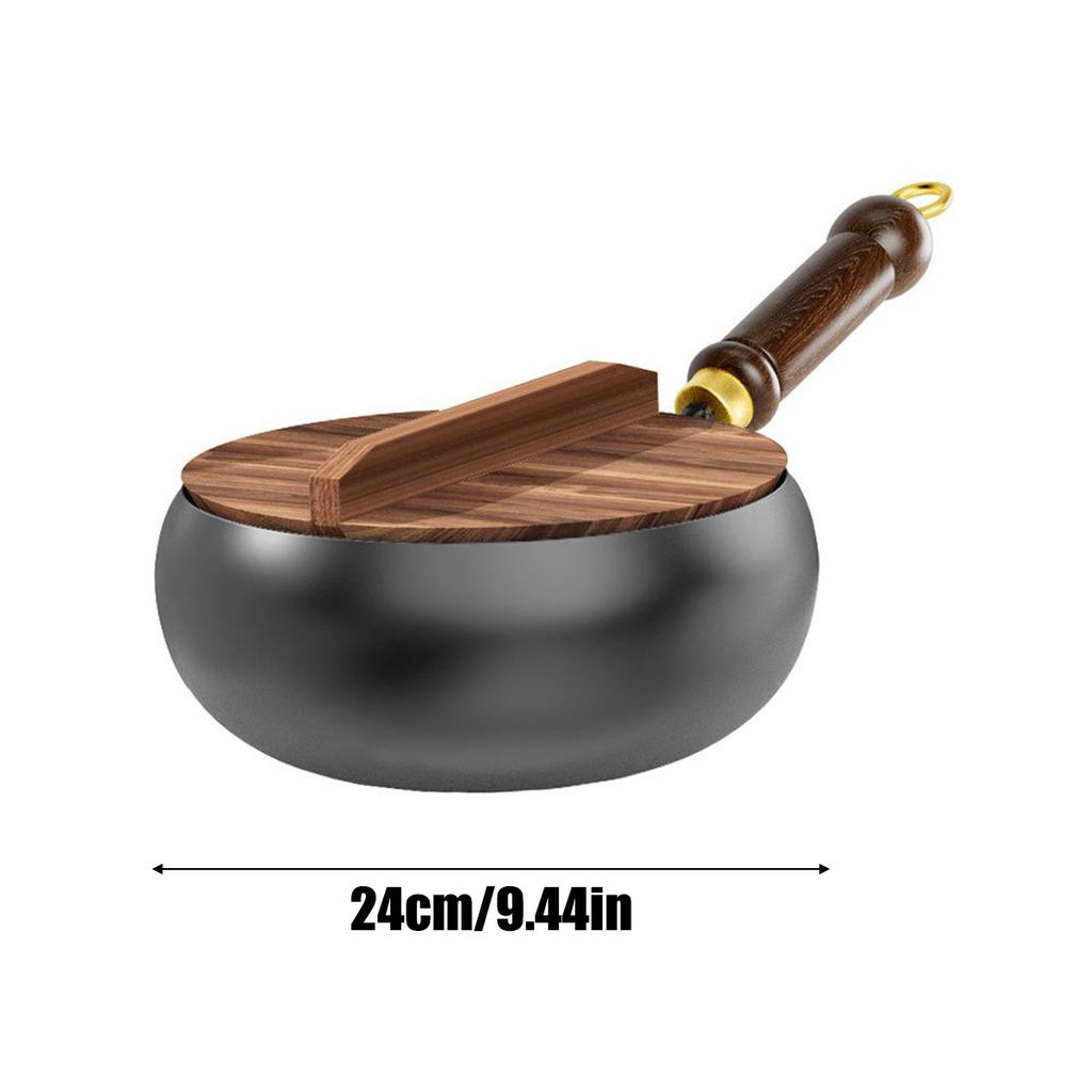 Traditional Cast Iron Wok With Wooden Handle Deep Belly Pot For Stir-Fry Stew Artisan Crafted Cookware Wooden Lid