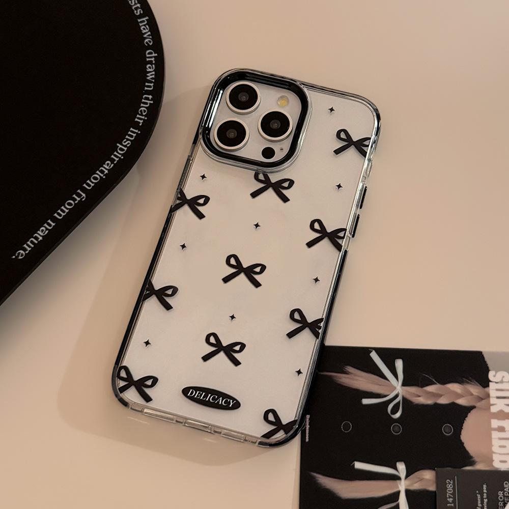 Black Bow Magnetic Suction Case 15Promax Transparent IPhone Case 14 Suitable for 13 Advanced 12 Bracket 16
