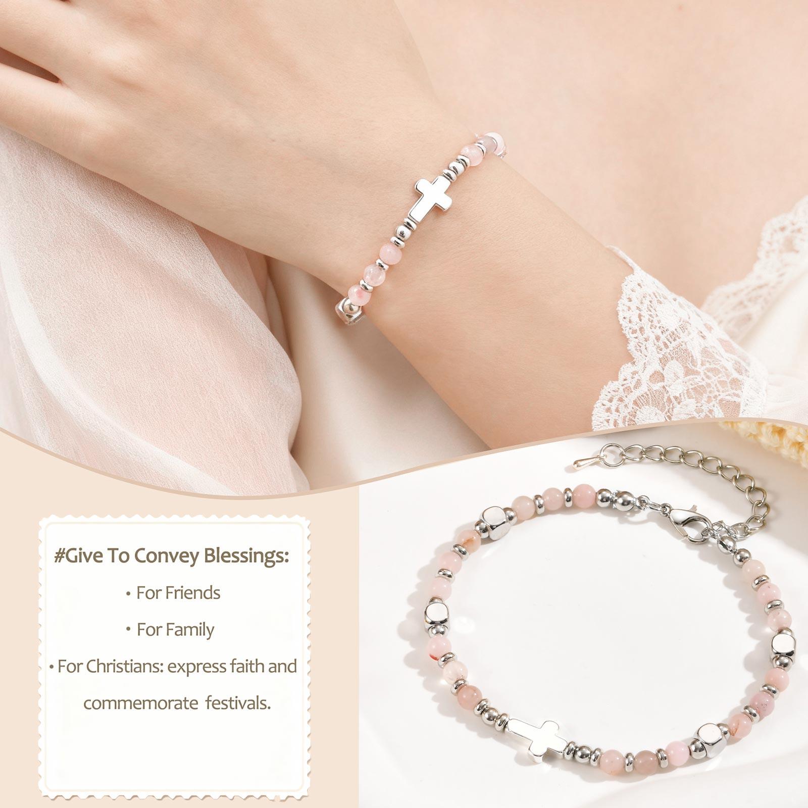 

First Holy Communion Cross Bracelet Nature Stone Beaded Adjustable Easter Gift for Women Christian Religious Jewelry