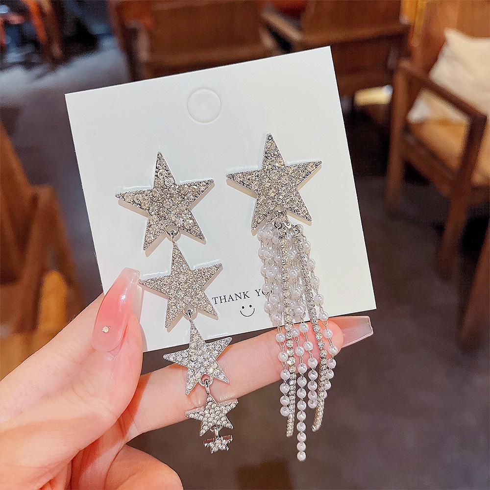 Elegant Five-Pointed Star Tassel Earrings In 925 Silver - Shiny Japanese Korean Fashion Style