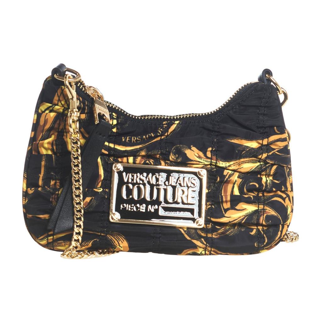 Versace Jeans Couture Fashion Pleated Gold Logo Chain Strap Nylon Half Moon Crossbody Shoulder Bag Women bags Black 72VA4BX8-ZS226-G89