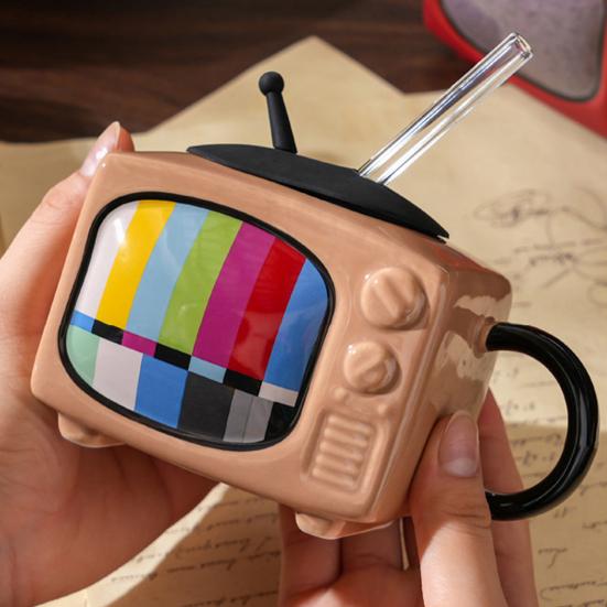 Retro Television Ceramic Mug with Lid & Straw 450ml Creative Nostalgic Design Coffee Cup Leak-Proof & Heat Resistant Drinking Cup Novelty Gift Home