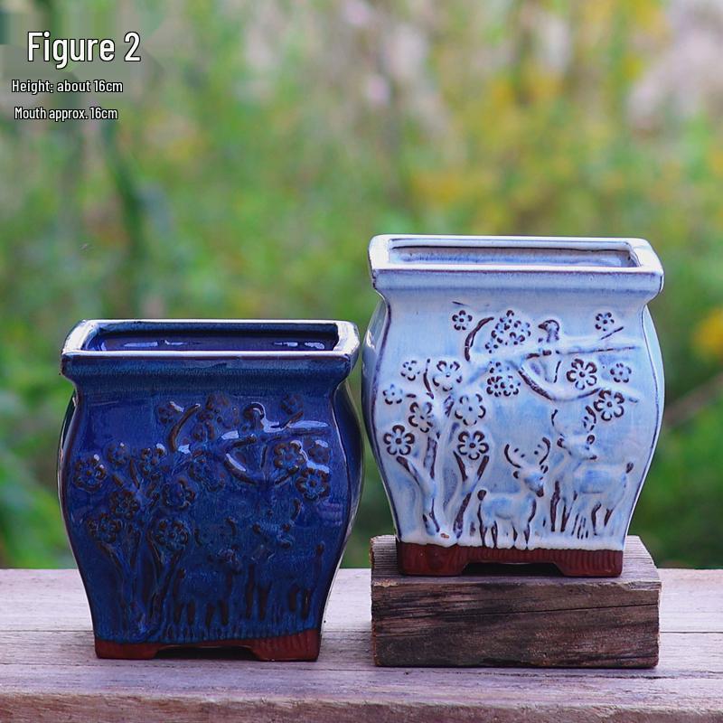 Creative Handmade Coarse Pottery Terracotta Pot - Large Square Glossy Glazed Planter with Low Breathable Rim for Succulents and Pothos