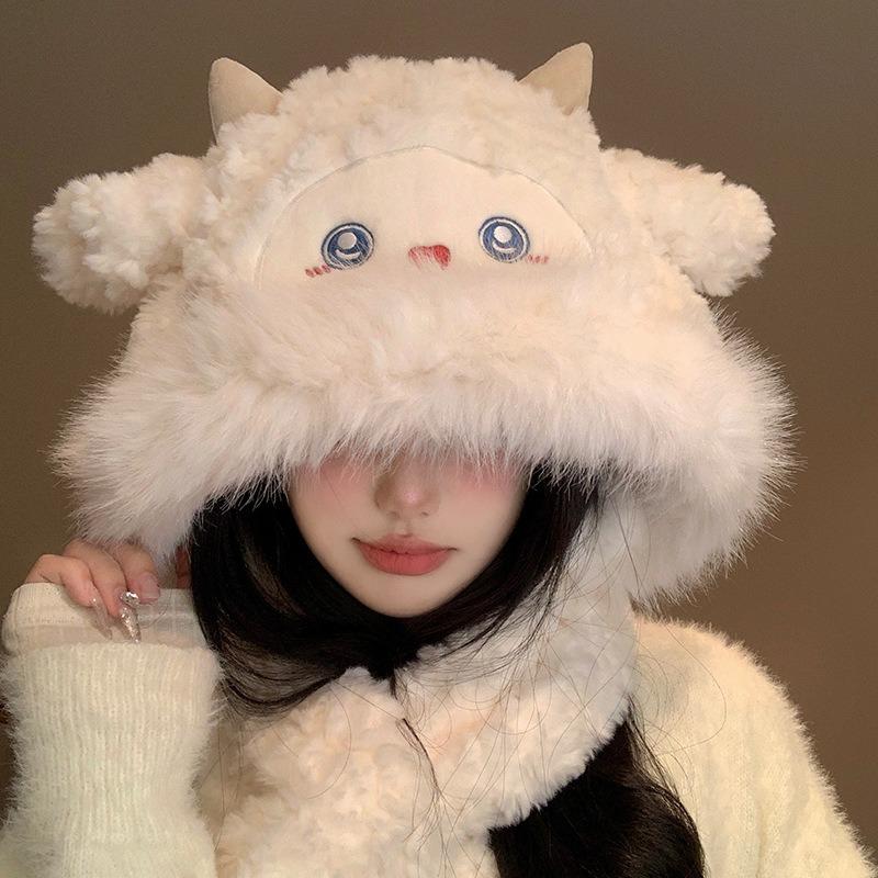 Cute Little Sheep Plush Hat Women's Autumn and Winter New Hat Scarf Integrated Thickened Cold Protection