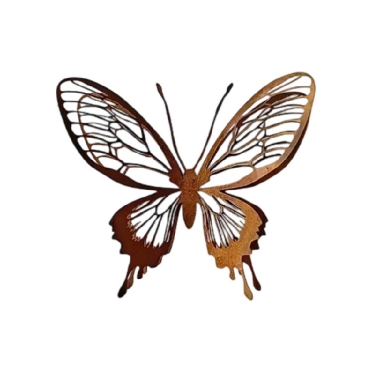 Butterfly Form Metal Piece with Shared Iron Build, Aged Finish, and Wing Line Detail for Garden Display Shared Use