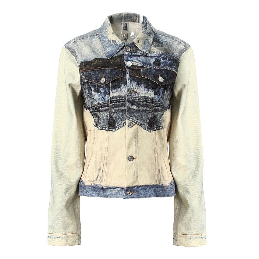 Damen Retro Slim-Fit Rissige Jeansjacke mit Visuellem Print