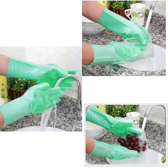 Dishwashing Gloves Silicone Reusable 2 sided Foaming Heat Resistant Scrubber for Kitchen 1 Pair
