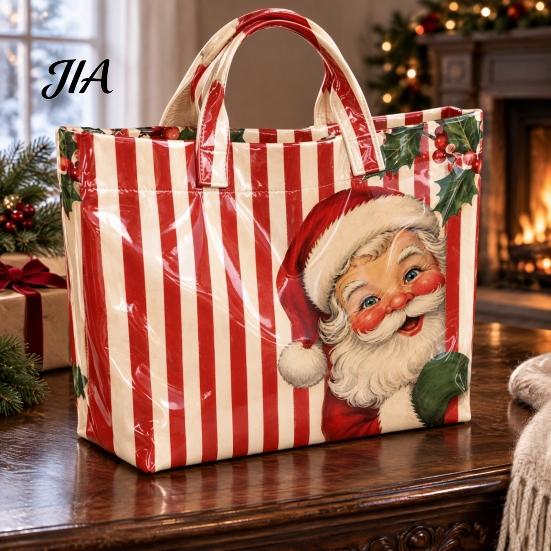 Reinforced Handle Carrying Bag Christmas PVC Tote Bag, Large Waterproof Shoulder Santa Deer Tree Stylish Holiday Gift Print, Reusable Grocery