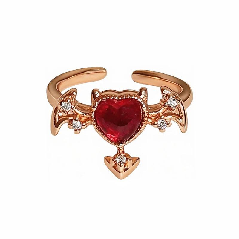 Rose Gold Sweet Cool Girl Wind Crown Red Zircon Love Wings Enamel Open Ring With Diamonds Niche Design Women