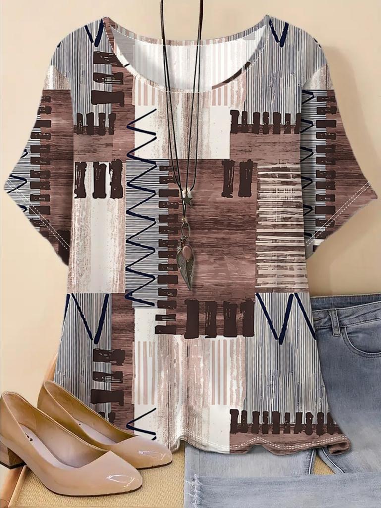 Summer Casual Women's Faux Denim Patchwork Print Short Sleeve O-Neck Fashion T-Shirt Vintage Tops Loose Elegant Women's Clothes
