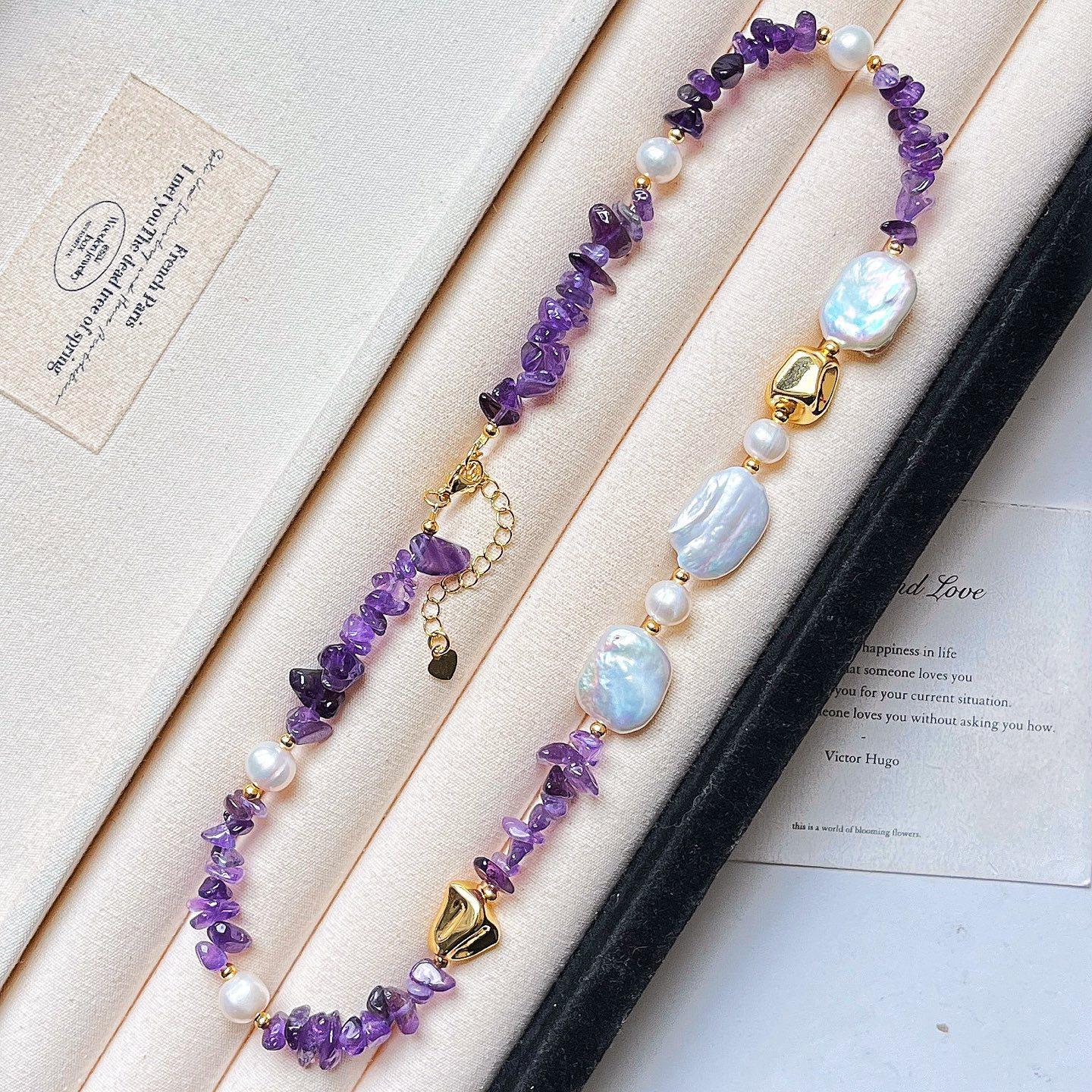 

Vintage High Quality Natural Royal Amethyst Freshwater Baroque Pearl Design Sense Sweater Chain Necklace Collarbone
