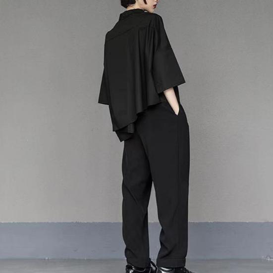 Women Men Shirt Pocket Decoration Irregular Hem Single-breasted Three Quarter Sleeves Solid Color Daily Wear Loose Lapel Summer Spring Shirt