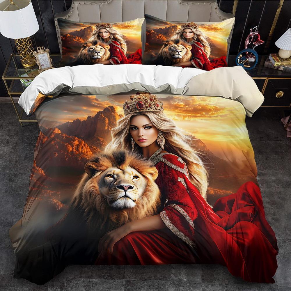 

Fantasy Beauty Theme Down Comforter Cover Set - 2/3Pcs, Soft Comfortable Breathable, Beauty And Lion Pattern Printed Bedding Set EU Twin(135x200cm)