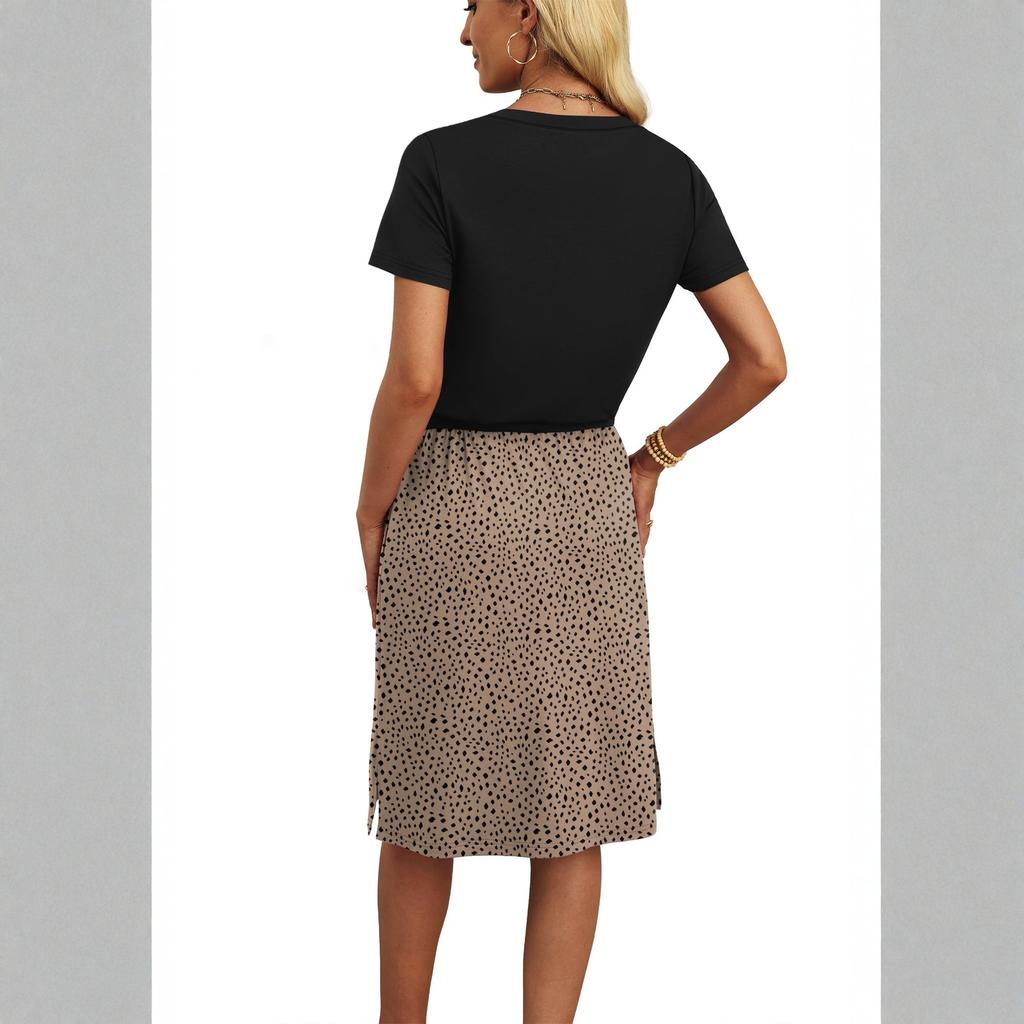 Letnie Sukienki Damskie Modne Krótki Rękaw Dekolt Okrągły T-shirt Sukienki Codzienne Wiązanie w Pasie Z Kieszeniami