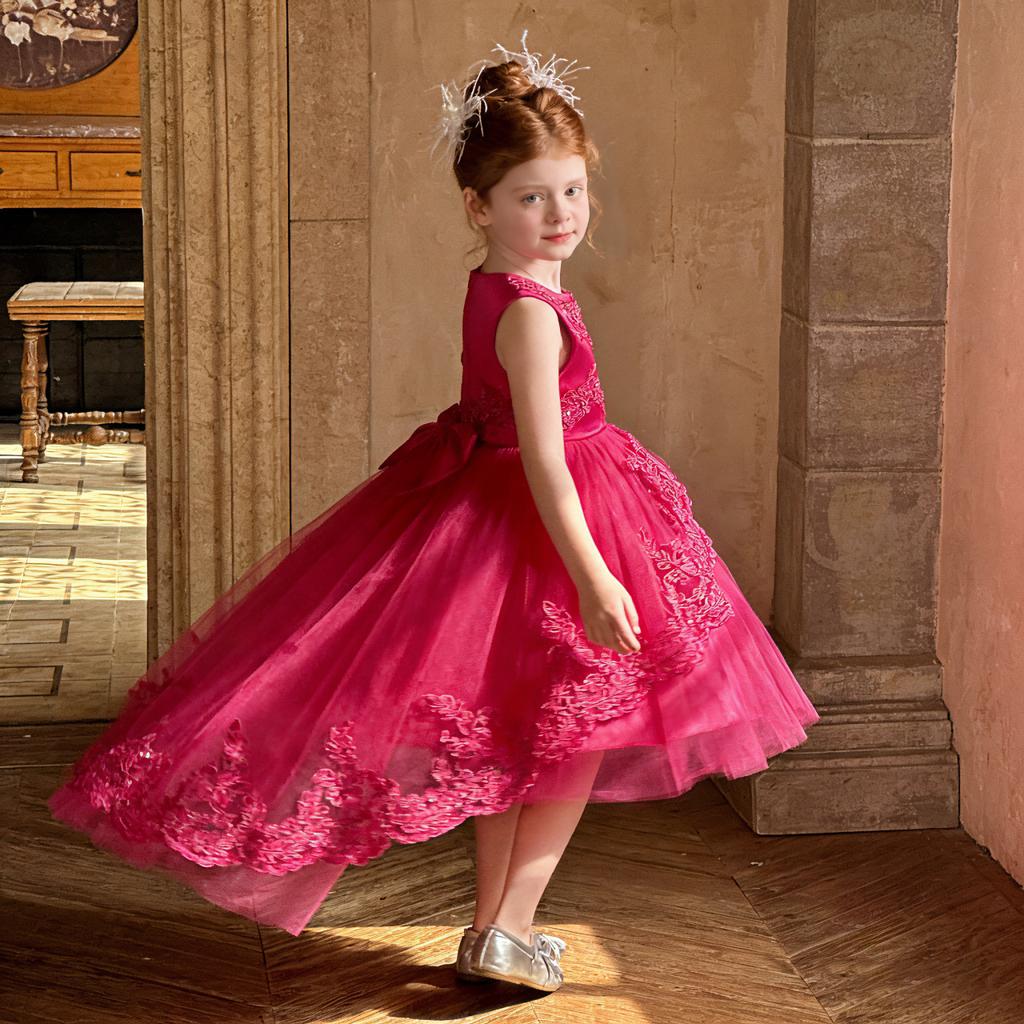 Children's formal wear: princess dresses, embroidered girls' dresses, lace dresses, flower girl dresses with trains, and puff-skirted dresses