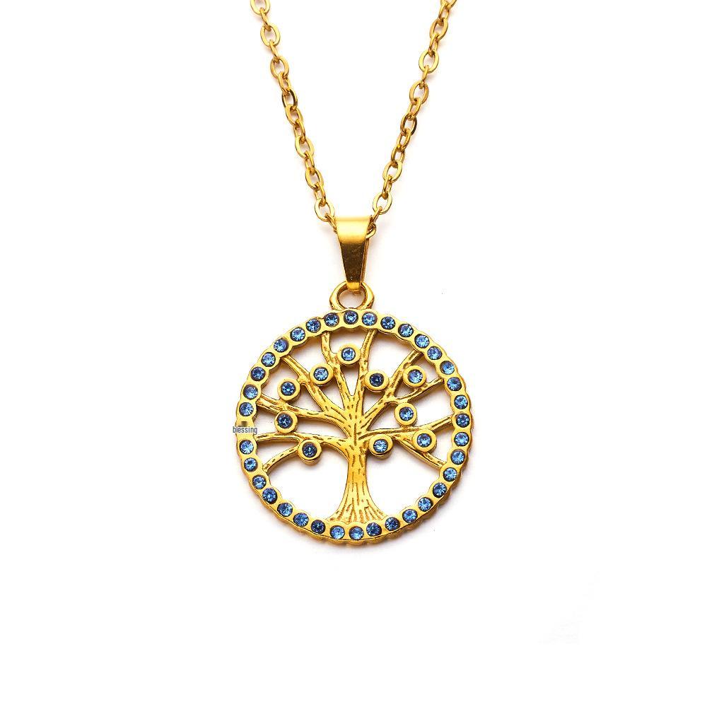 European Round Tree of Life Pendant Necklace, 18K Gold-Plated Stainless Steel Chain, Titanium Steel for Women