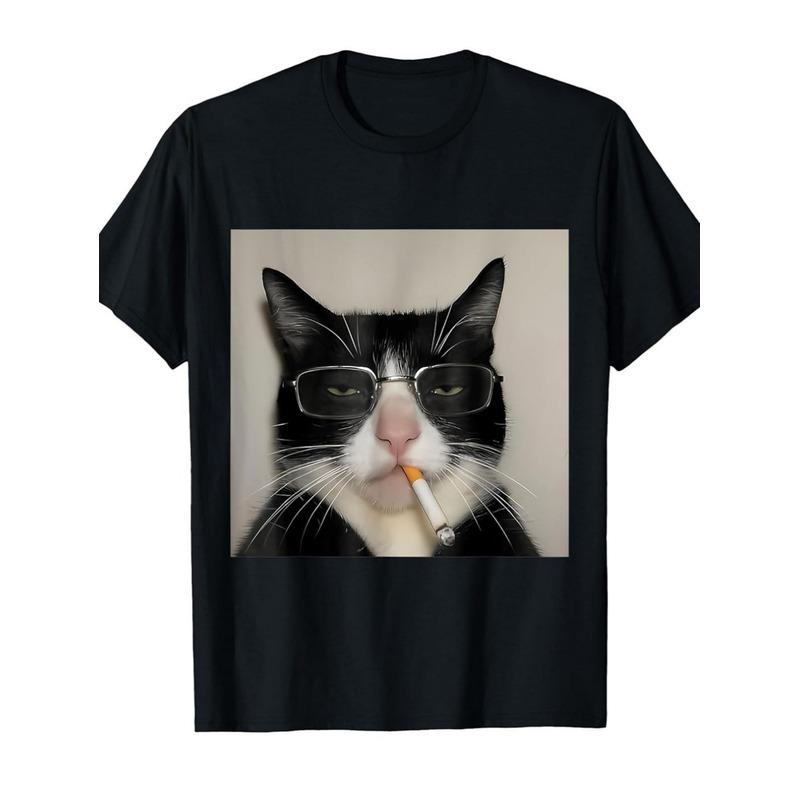 PLUS SIZE Funny Smoking Cat with Glasses Meme Graphic Tee - Black T-Shirt for Men & Women - Soft Breathable Shirt - Casual Casual Attire