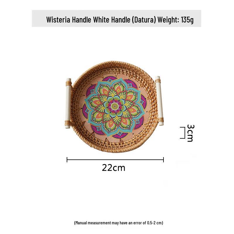 Nordische Handgefertigte Rattan Gewebte Florale Print Runde Griff Frühstückstablett