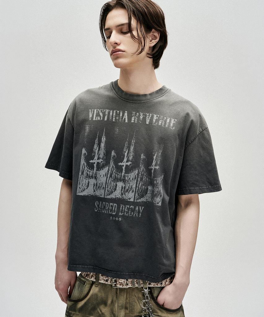 NOT4NERD Triple Sanctuary Bleach Washed Loose Cropped T-Shirts - Charcoal