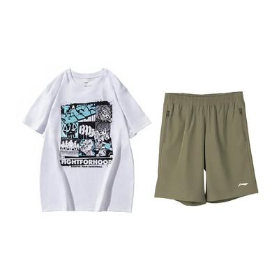 Li Ning Basketball Print Fashion Loose Versatile Trendy Round Neck Short Sleeve Casual Sports Suit Unisex Sportswear AHSUA27-1+AKSV841-1