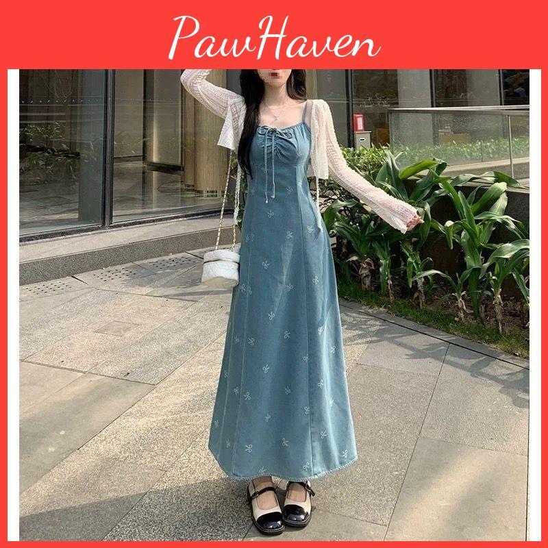 Denim Dress For Women With French Bow Tie Detail Long Sleeveless Summer Casual